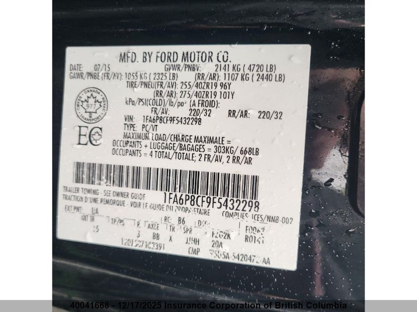 2015 Ford Mustang Gt VIN: 1FA6P8CF9F5432298 Lot: 40041668