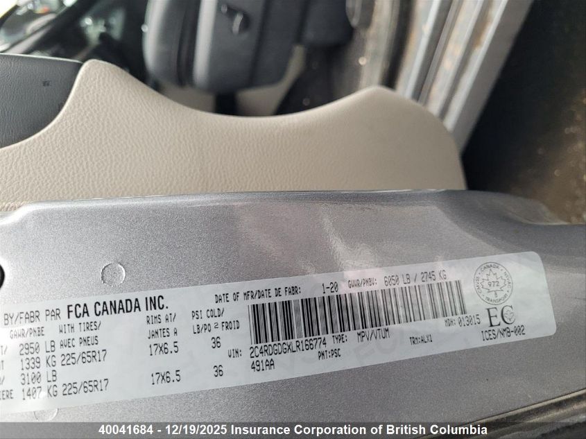 2020 Dodge Grand Caravan Crew VIN: 2C4RDGDGXLR166774 Lot: 40041684