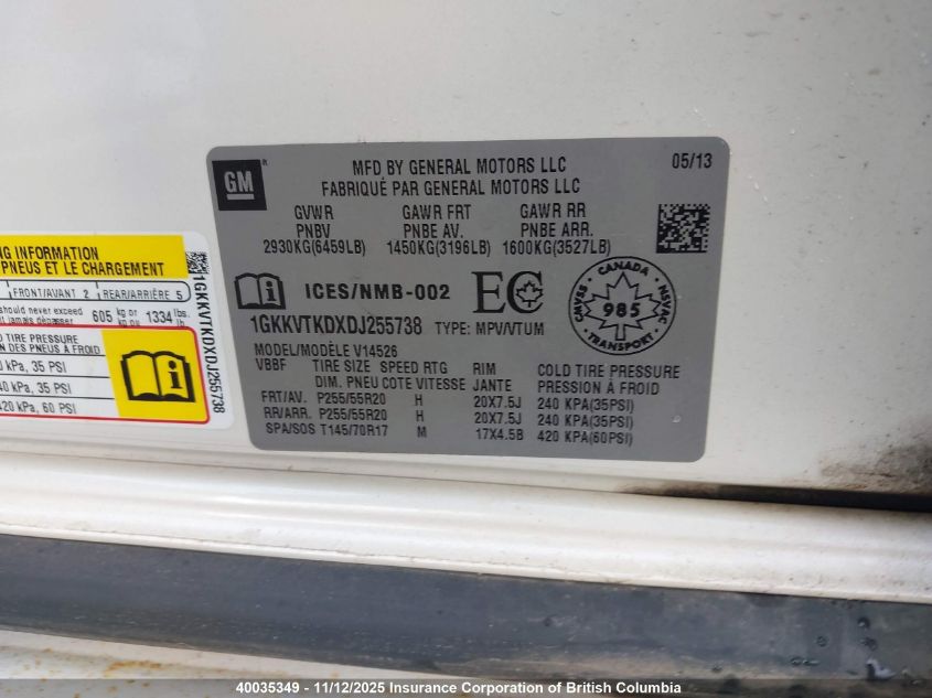 2013 GMC Acadia Denali VIN: 1GKKVTKDXDJ255738 Lot: 40035349