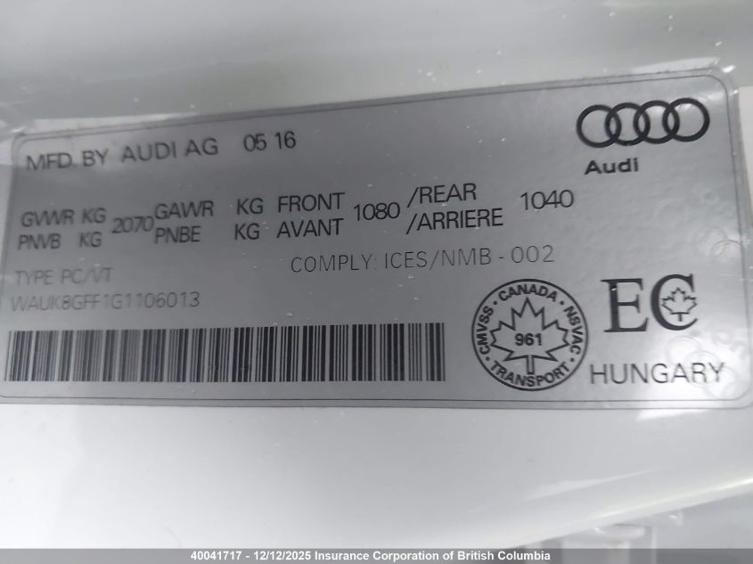 2016 Audi A3 VIN: WAUK8GFF1G1106013 Lot: 40041717