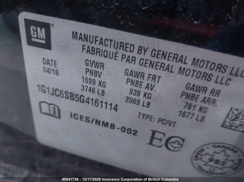 2016 Chevrolet Sonic VIN: 1G1JC6SB5G4161114 Lot: 40041736