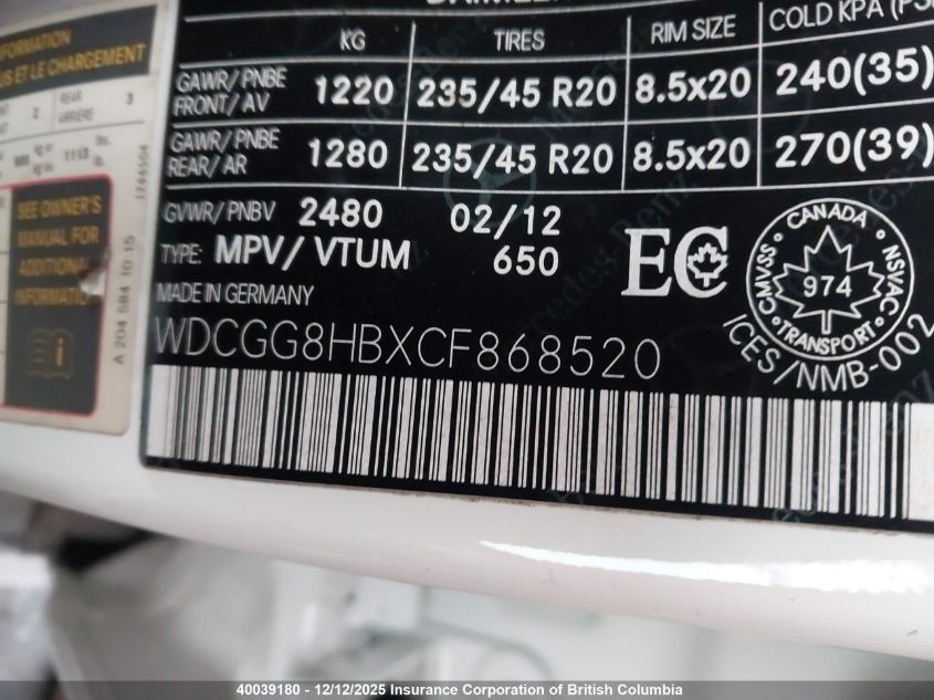 2012 Mercedes-Benz Glk 350 4Matic VIN: WDCGG8HBXCF868520 Lot: 40039180