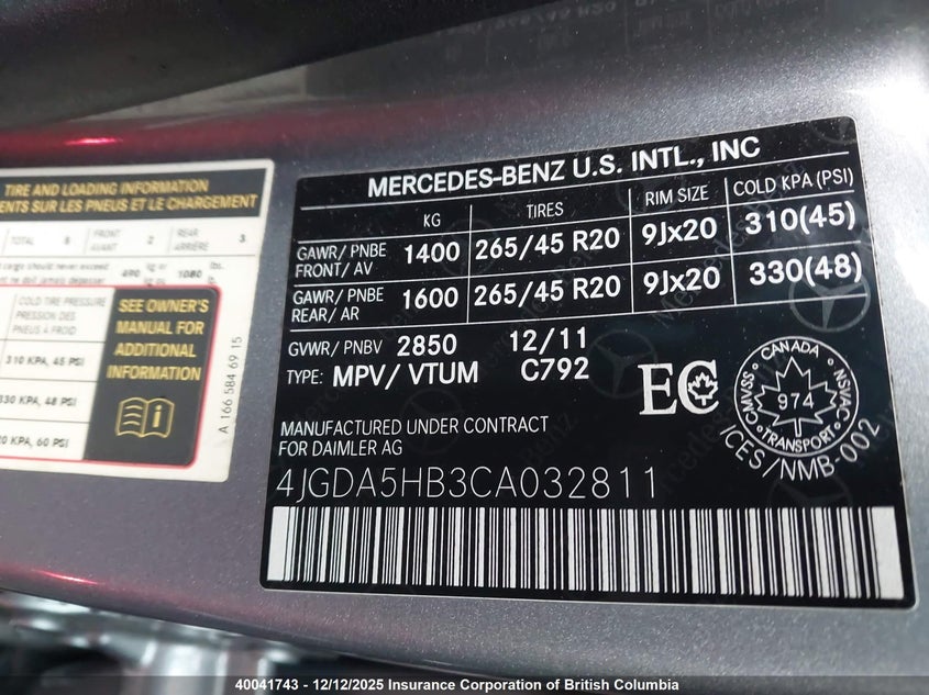 4JGDA5HB3CA032811 2012 MERCEDES-BENZ M-KLASSE photo no. 9