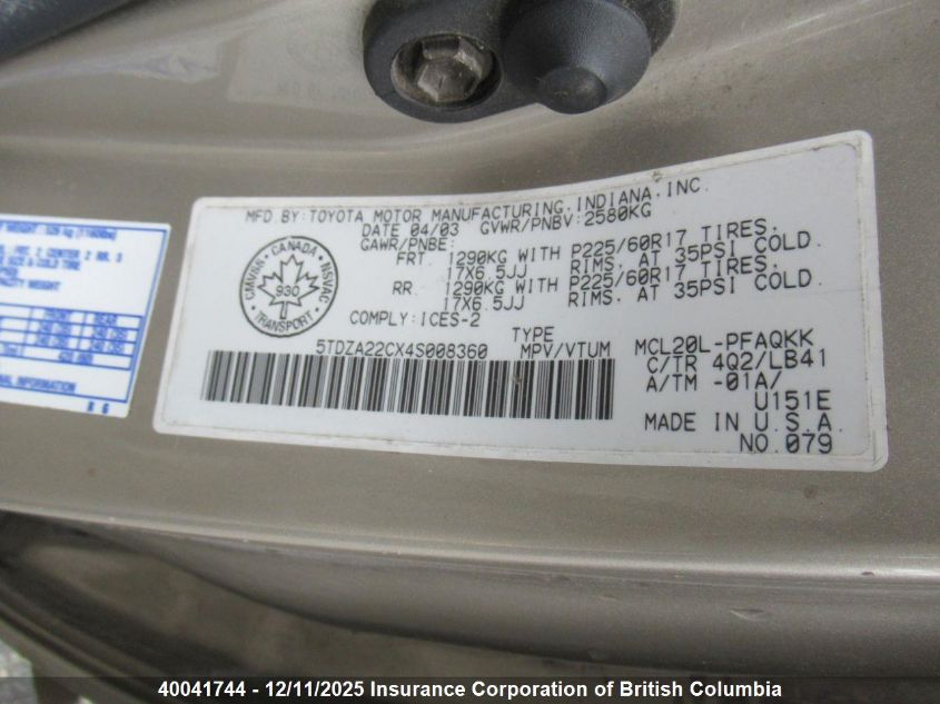 2004 Toyota Sienna Xle/Xle Limited VIN: 5TDZA22CX4S008360 Lot: 40041744