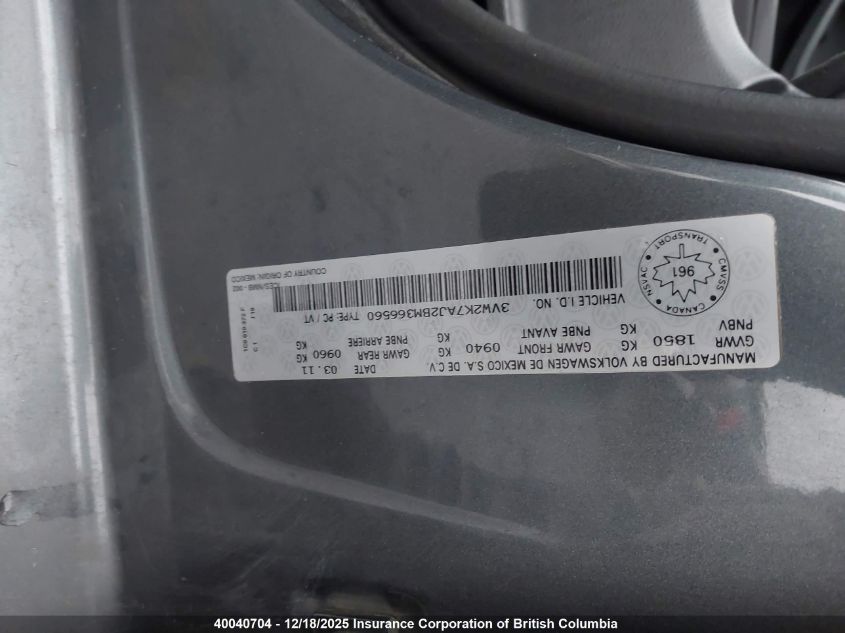 2011 Volkswagen Jetta S VIN: 3VW2K7AJ2BM366560 Lot: 40040704