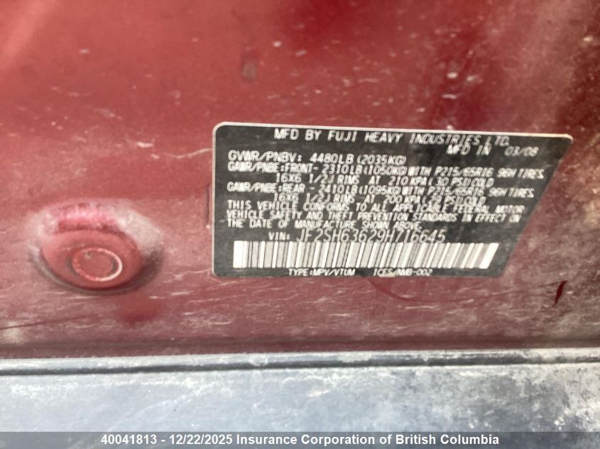 2009 Subaru Forester 2.5X Premium VIN: JF2SH63629H716645 Lot: 40041813