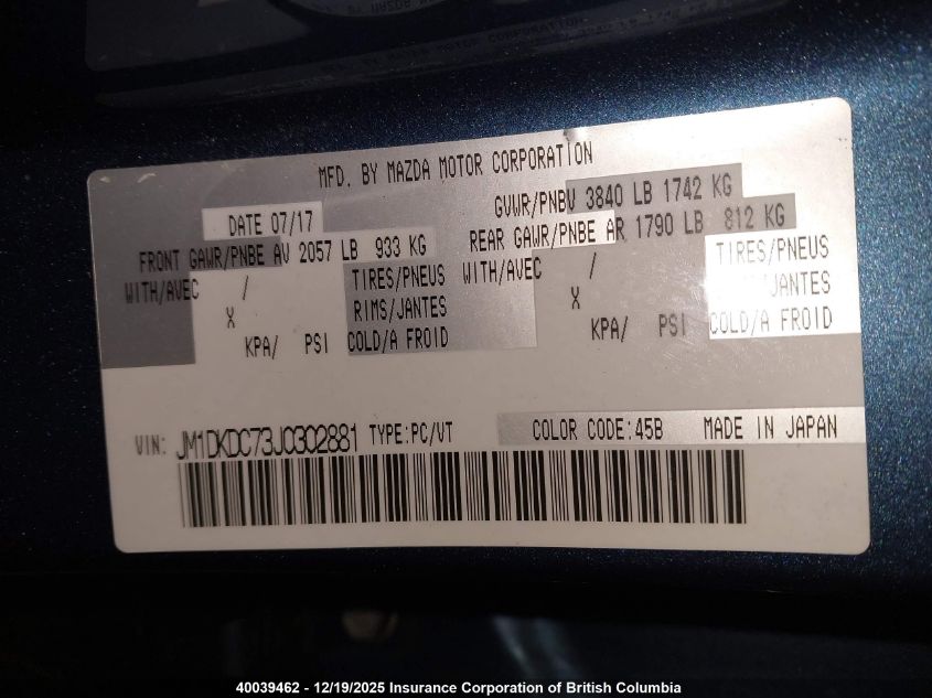 2018 Mazda Cx-3 Touring VIN: JM1DKDC73J0302881 Lot: 40039462