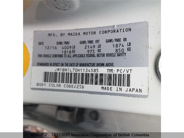 2017 Mazda 3 Touring VIN: JM1BN1L70H1134585 Lot: 40041852