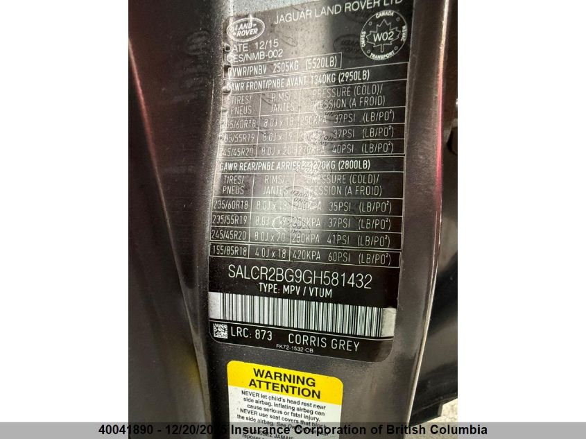 2016 Land Rover Discovery Sport Hse VIN: SALCR2BG9GH581432 Lot: 40041890