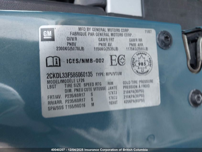 2008 Pontiac Torrent VIN: 2CKDL33F586060135 Lot: 40040207