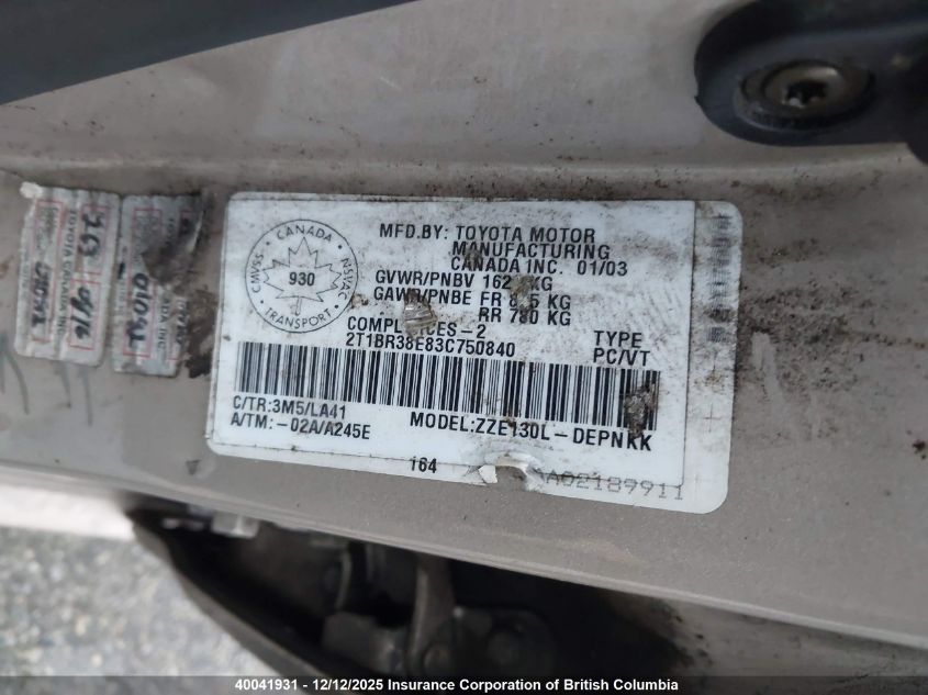 2003 Toyota Corolla Ce/Le/S VIN: 2T1BR38E83C750840 Lot: 40041931