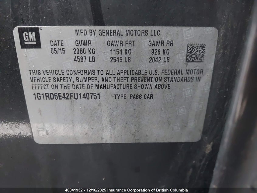 1G1RD6E42FU140751 2015 CHEVROLET VOLT photo no. 9