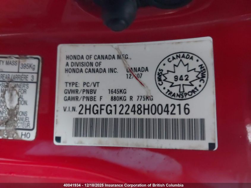 2008 Honda Civic VIN: 2HGFG12248H004216 Lot: 40041934