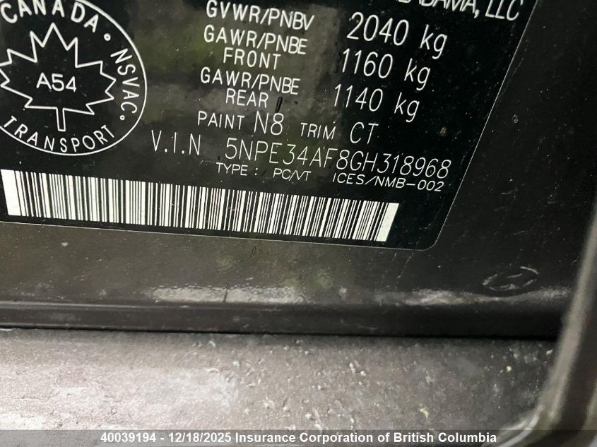 2016 Hyundai Sonata Sport/Limited VIN: 5NPE34AF8GH318968 Lot: 40039194