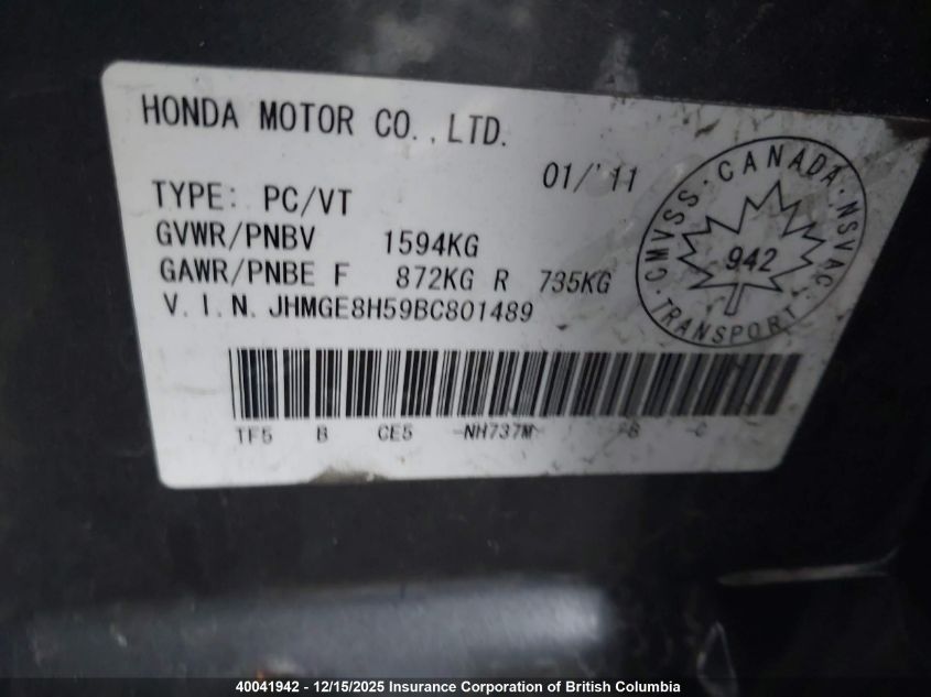 2011 Honda Fit VIN: JHMGE8H59BC801489 Lot: 40041942