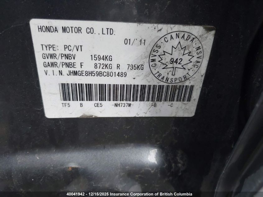 2011 Honda Fit VIN: JHMGE8H59BC801489 Lot: 40041942