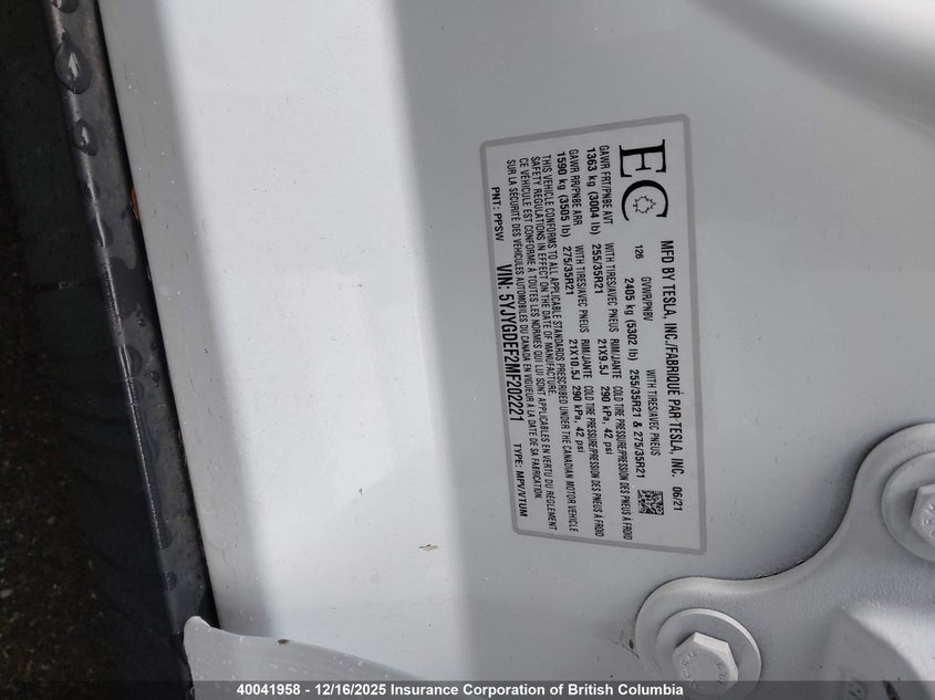5YJYGDEF2MF202221 2021 TESLA MODEL Y photo no. 9