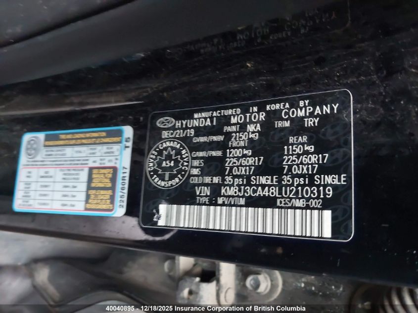 2020 Hyundai Tucson Limited/Sel/Sport/Ultimate/Value VIN: KM8J3CA48LU210319 Lot: 40040895