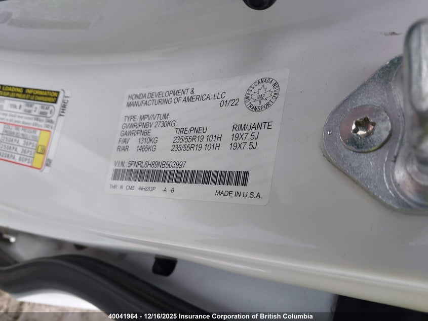 5FNRL6H89NB503997 2022 HONDA ODYSSEY photo no. 9