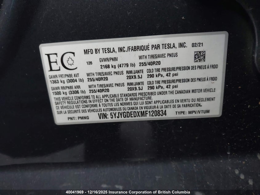 5YJYGDEDXMF120834 2021 TESLA MODEL Y photo no. 9