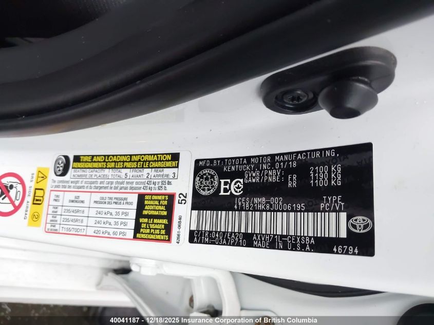 2018 Toyota Camry Hybrid/Le/Xle/Se VIN: 4T1B21HK8JU006195 Lot: 40041187