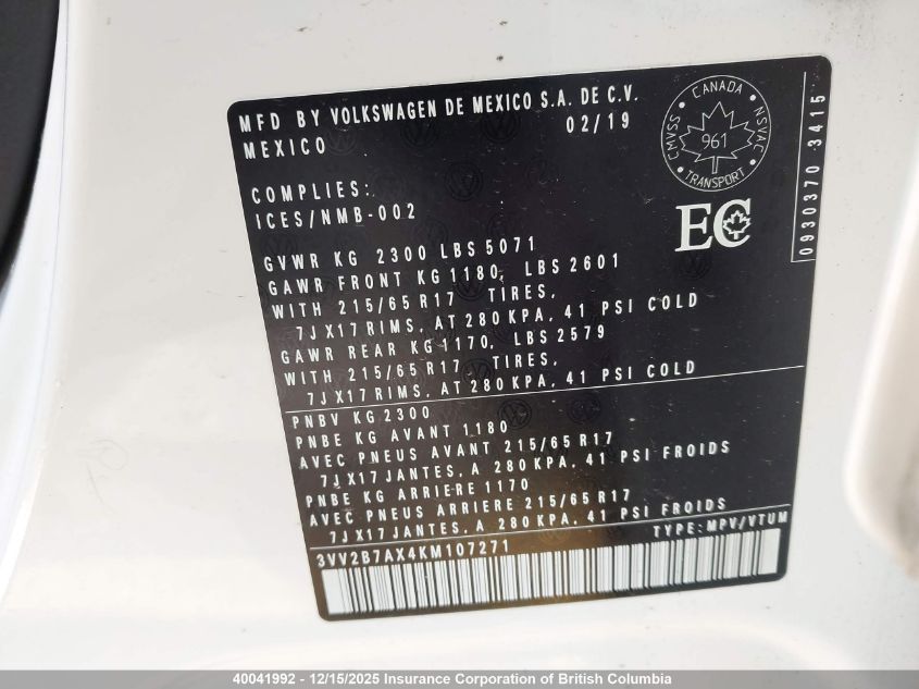 2019 Volkswagen Tiguan Se/Sel/Sel R-Line Jet-Black/Sel R-Line VIN: 3VV2B7AX4KM107271 Lot: 40041992