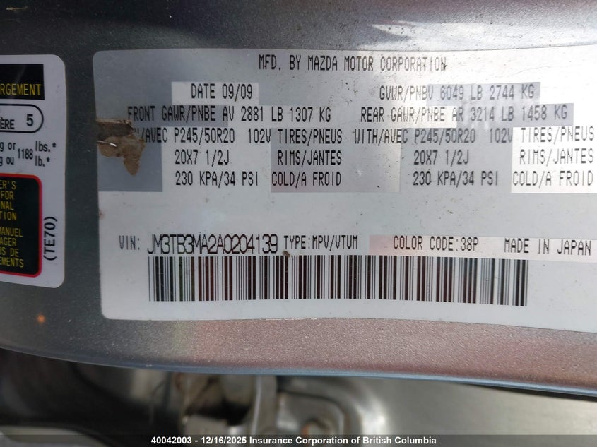JM3TB3MA2A0204139 2010 MAZDA CX-9 photo no. 9