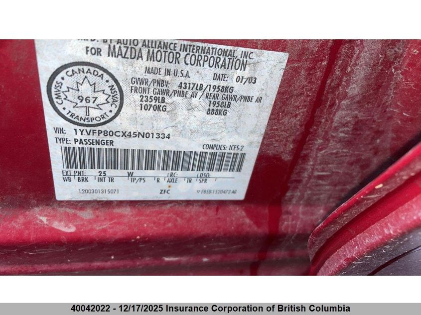 2004 Mazda 6 I VIN: 1YVFP80CX45N01334 Lot: 40042022