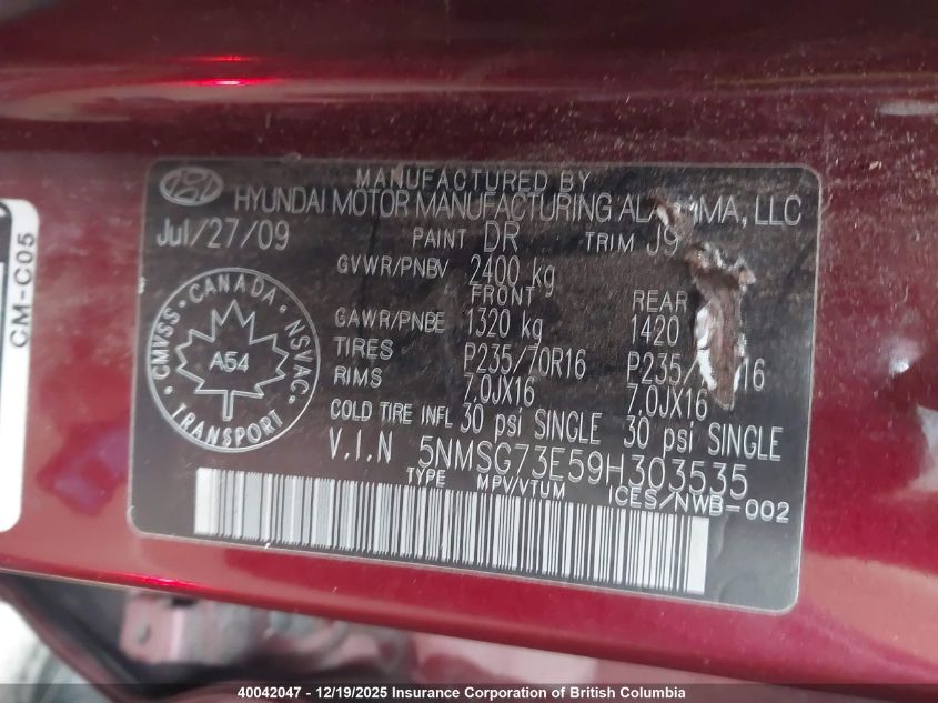 2009 Hyundai Santa Fe Gl VIN: 5NMSG73E59H303535 Lot: 40042047