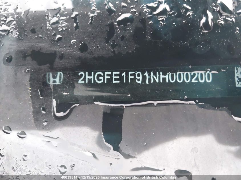 2022 Honda Civic Touring VIN: 2HGFE1F91NH000200 Lot: 40039514