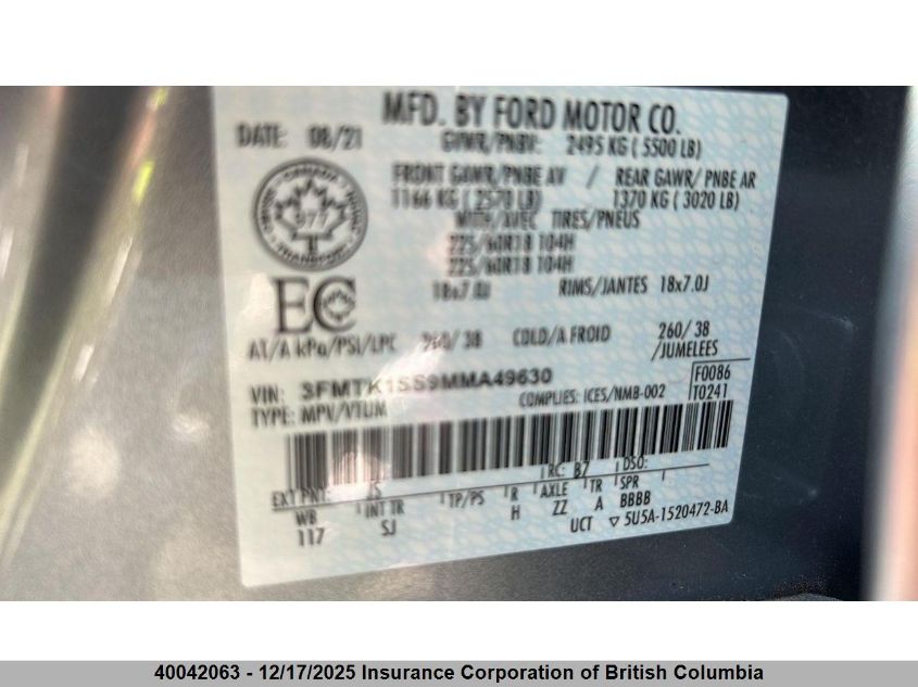 2021 Ford Mustang Mach-E Select VIN: 3FMTK1SS9MMA49630 Lot: 40042063