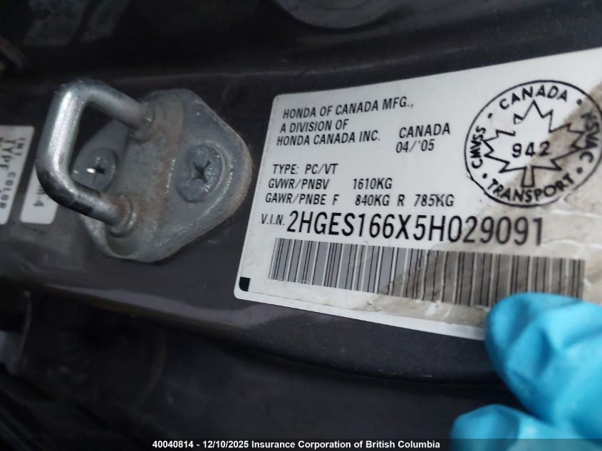 2005 Honda Civic Lx VIN: 2HGES166X5H029091 Lot: 40040814