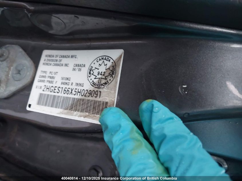 2005 Honda Civic Lx VIN: 2HGES166X5H029091 Lot: 40040814