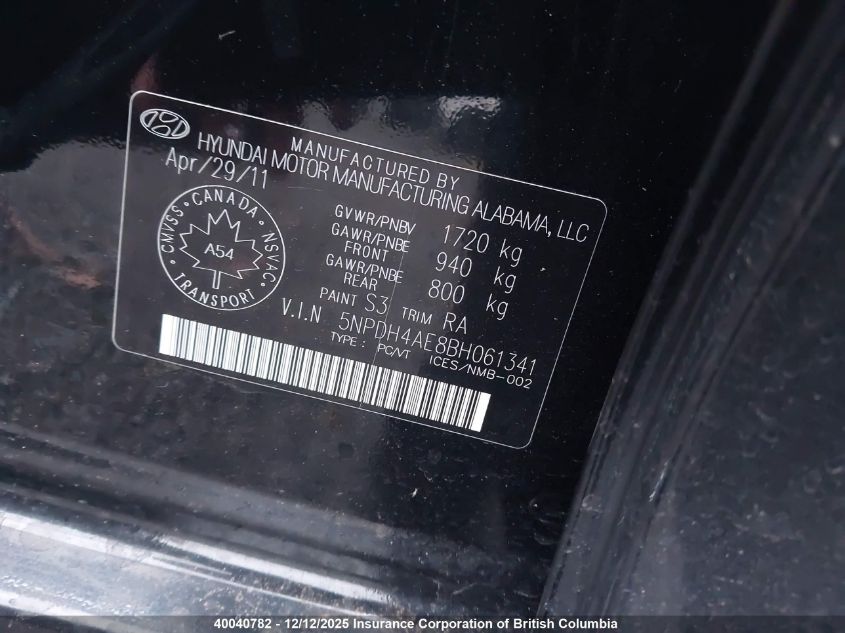 2011 Hyundai Elantra Gls/Limited VIN: 5NPDH4AE8BH061341 Lot: 40040782