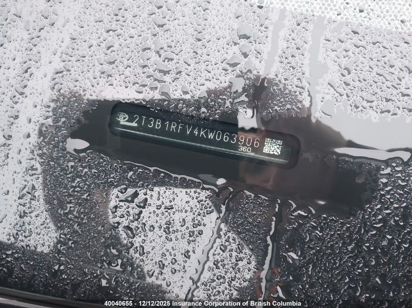 2019 Toyota Rav4 Le VIN: 2T3B1RFV4KW063906 Lot: 40040655