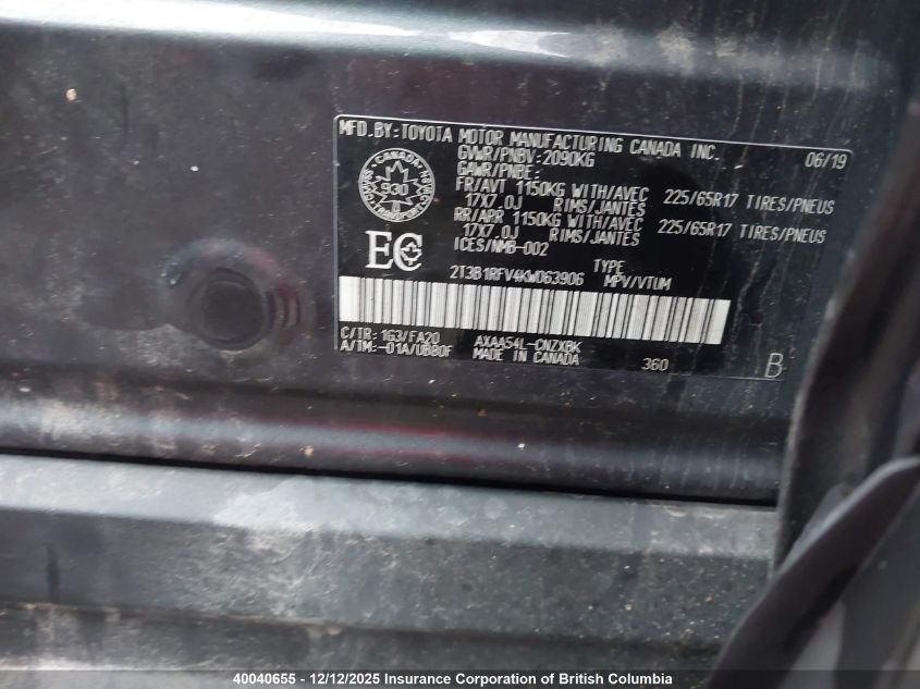 2019 Toyota Rav4 Le VIN: 2T3B1RFV4KW063906 Lot: 40040655