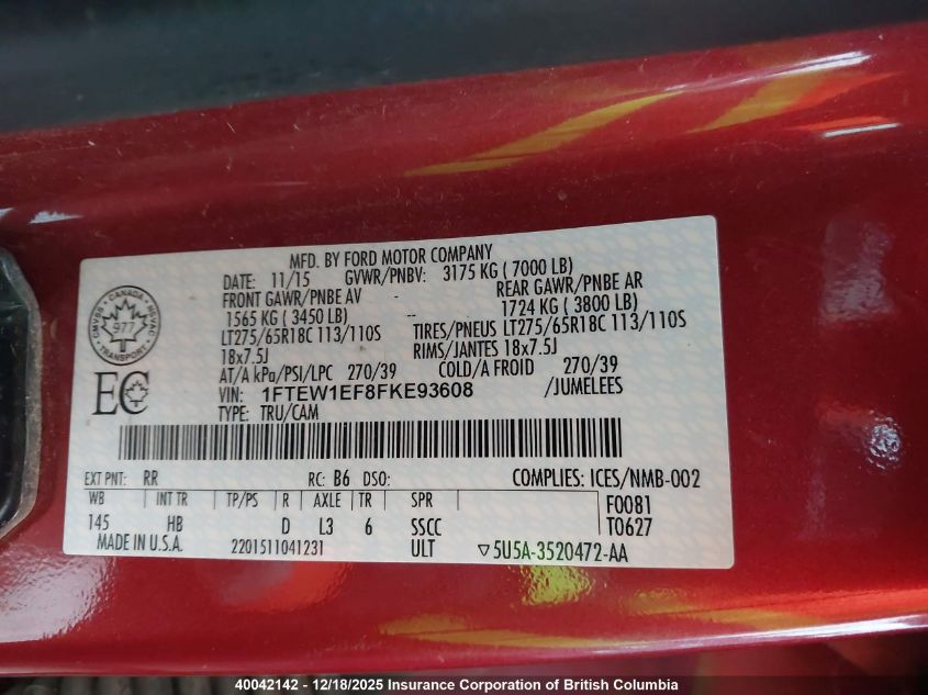 2015 Ford F150 VIN: 1FTEW1EF8FKE93608 Lot: 40042142