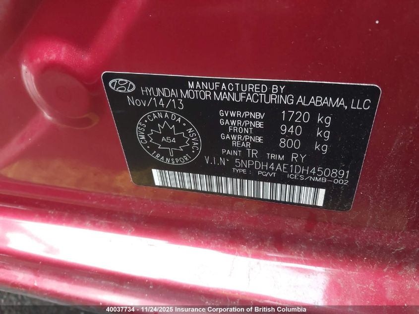 2013 Hyundai Elantra Gls/Limited VIN: 5NPDH4AE1DH450891 Lot: 40037734