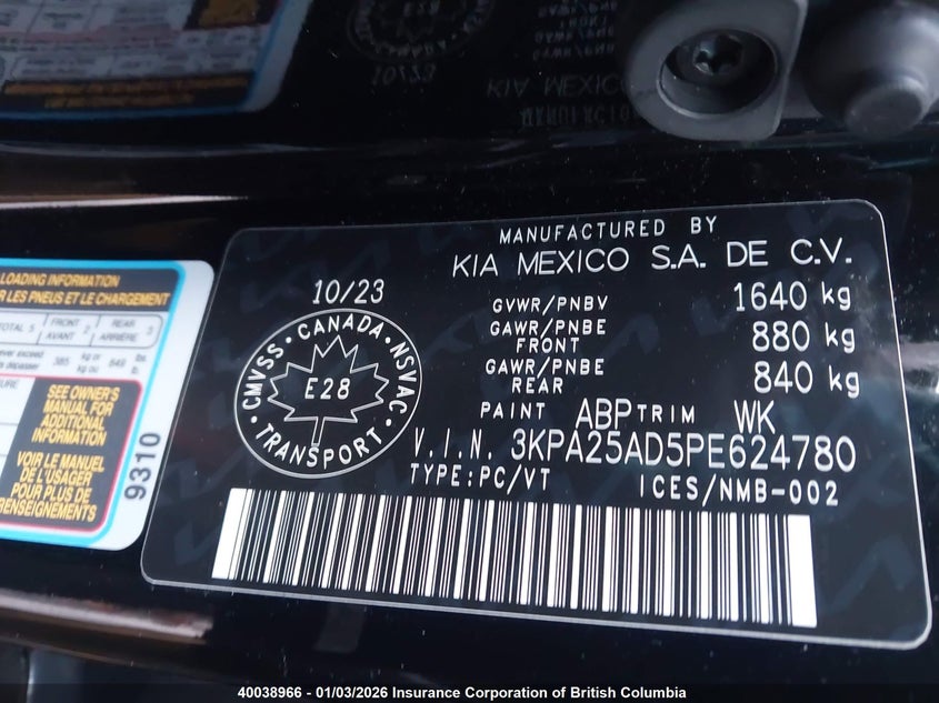 2023 Kia Rio S VIN: 3KPA25AD5PE624780 Lot: 40038966