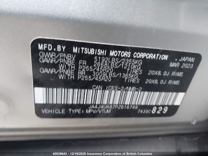 2023 Mitsubishi Outlander Se/Se Black Edition/Se Technology/Se Special VIN: JA4J4UA87PZ616749 Lot: 40039643