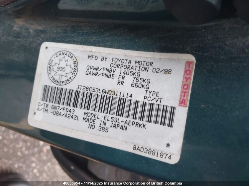 1998 Toyota Tercel Ce VIN: JT2BC53L6W0311114 Lot: 40035954