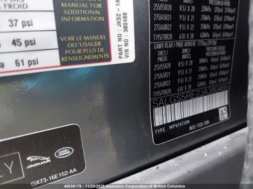 2018 Land Rover Range Rover Supercharged VIN: SALGS5RE2JA380466 Lot: 40038179