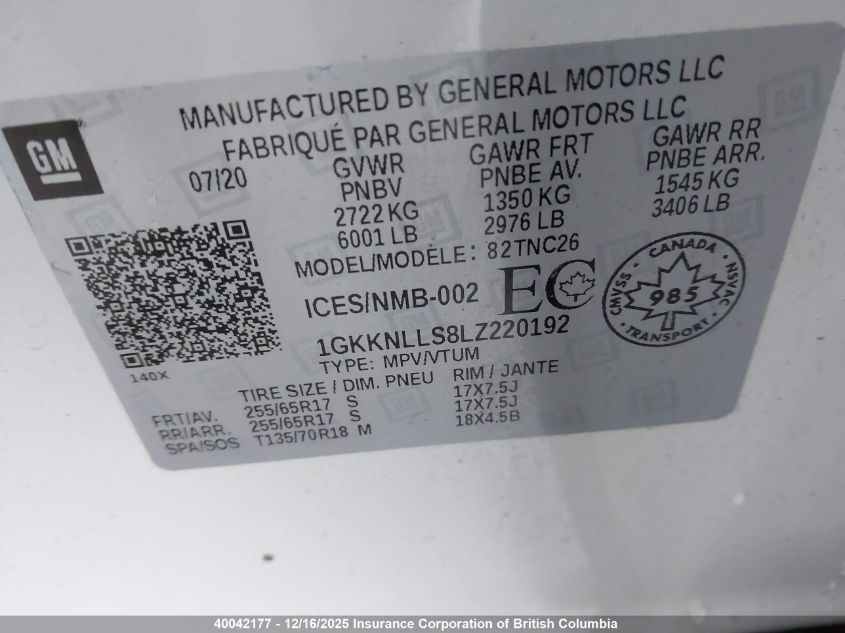 2020 GMC Acadia At4 VIN: 1GKKNLLS8LZ220192 Lot: 40042177
