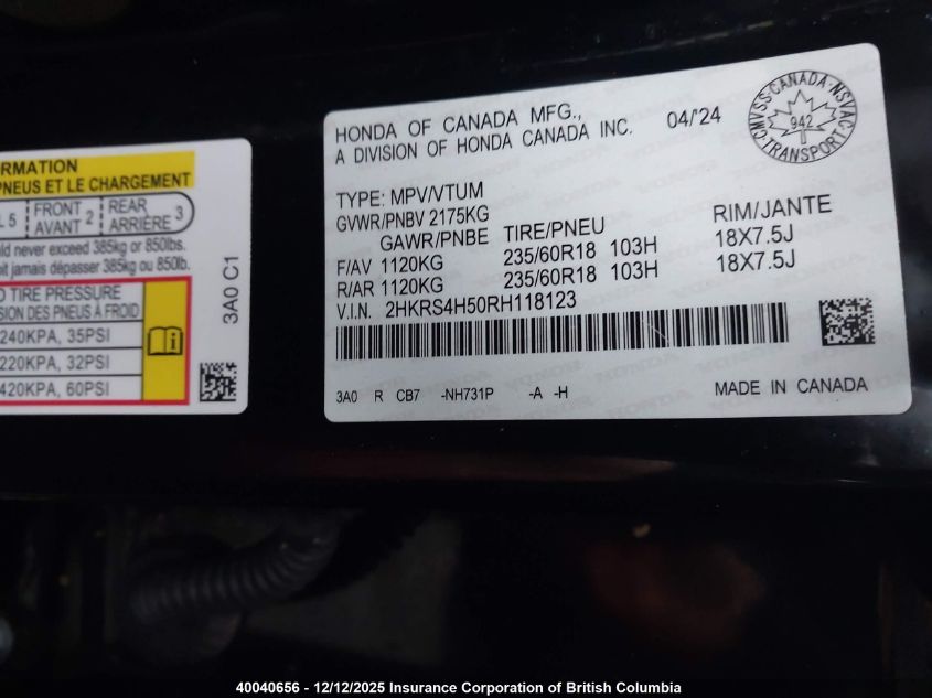 2024 Honda Cr-V Sport VIN: 2HKRS4H50RH118123 Lot: 40040656