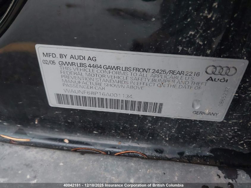 2006 Audi A3 VIN: WAUNF68P16A001134 Lot: 40042181