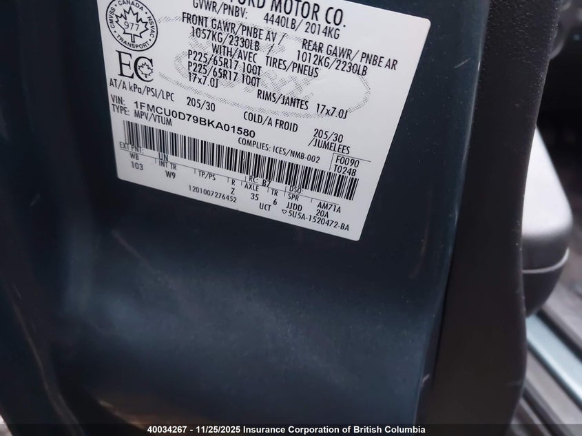 1FMCU0D79BKA01580 2011 FORD ESCAPE photo no. 9
