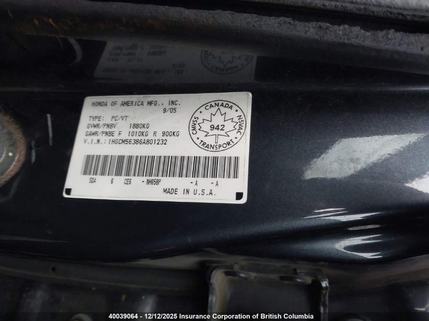 2006 Honda Accord Se VIN: 1HGCM56386A801232 Lot: 40039064