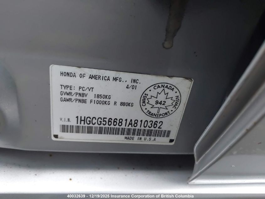 2001 Honda Accord Ex VIN: 1HGCG56681A810362 Lot: 40032639