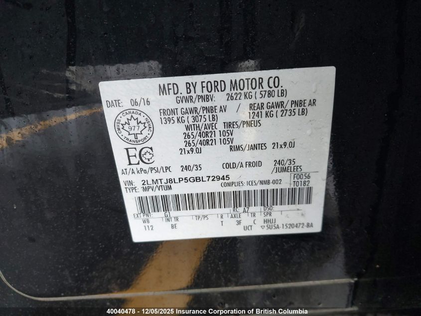 2016 Lincoln Mkx Reserve VIN: 2LMTJ8LP5GBL72945 Lot: 40040478