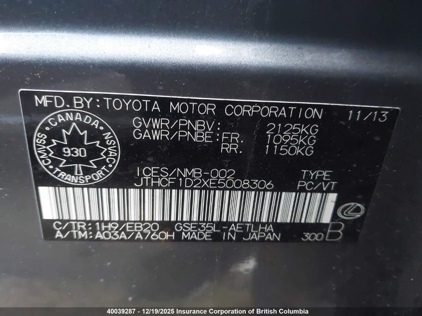 2014 Lexus Is 250 VIN: JTHCF1D2XE5008306 Lot: 40039287